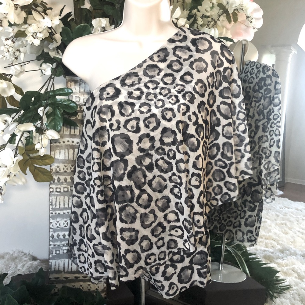 WHBM One-Shoulder Draped Leopard Top